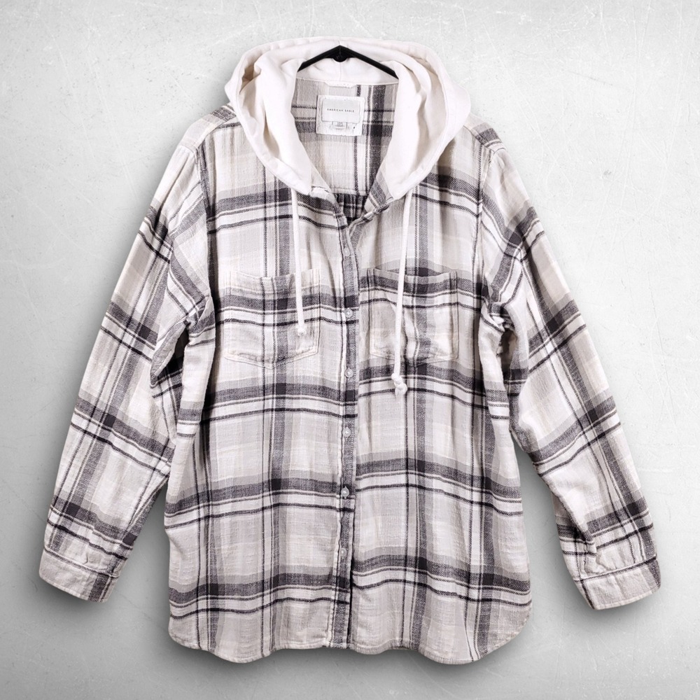 American Eagle Plaid Hooded Button Up Shirt Women L Gray Gorpcore Cabincore SOFT